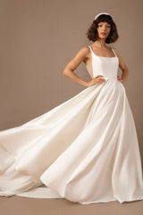 Casual Wedding Dress With Train Satin Fabric Strapless Sleeveless Pockets A-Line Bridal Gowns-Dbrbridal