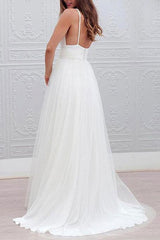 Casual Wedding Dresses A-line Chic V-Neck Straps Sexy Backless Tulle Beach Wedding Bridal Dress-Dbrbridal