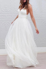 Casual Wedding Dresses A-line Chic V-Neck Straps Sexy Backless Tulle Beach Wedding Bridal Dress-Dbrbridal
