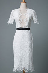 Casual Wedding Dresses Chic V-Neck Short Sleeves Column Knee Length Retro Bridal Gowns Exclusive-Dbrbridal