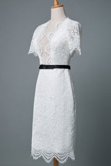 Casual Wedding Dresses Chic V-Neck Short Sleeves Column Knee Length Retro Bridal Gowns Exclusive-Dbrbridal