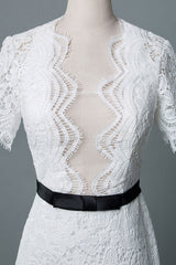 Casual Wedding Dresses Chic V-Neck Short Sleeves Column Knee Length Retro Bridal Gowns Exclusive-Dbrbridal