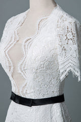 Casual Wedding Dresses Chic V-Neck Short Sleeves Column Knee Length Retro Bridal Gowns Exclusive-Dbrbridal