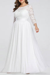Casual Wedding Dresses Lace Chiffon Long 3/4 Length Sleeves Sash Jewel Neck Plus Size Beach Bridal Gowns-Dbrbridal