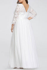 Casual Wedding Dresses Lace Chiffon Long 3/4 Length Sleeves Sash Jewel Neck Plus Size Beach Bridal Gowns-Dbrbridal