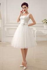 Casual Wedding Dresses Satin Square Neck Applique Short Bridal Dress With Beading Bow Sash Exclusive-Dbrbridal