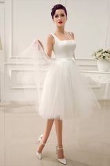 Casual Wedding Dresses Satin Square Neck Applique Short Bridal Dress With Beading Bow Sash Exclusive-Dbrbridal