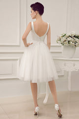 Casual Wedding Dresses Satin Square Neck Applique Short Bridal Dress With Beading Bow Sash Exclusive-Dbrbridal