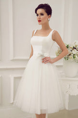 Casual Wedding Dresses Satin Square Neck Applique Short Bridal Dress With Beading Bow Sash Exclusive-Dbrbridal