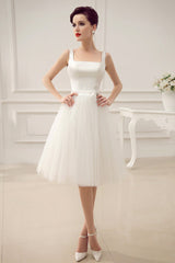 Casual Wedding Dresses Satin Square Neck Applique Short Bridal Dress With Beading Bow Sash Exclusive-Dbrbridal