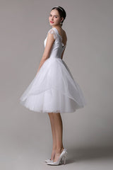 Casual Wedding Dresses Tulle Scoop Neck Knee Length Short Bridal Dress With Lace Cap Sleeves-Dbrbridal
