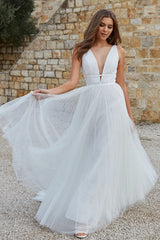 Casual White Wedding Dress A-Line Chic V-Neck Sleeveless Long Pleated Tulle Bridal Gowns-Dbrbridal