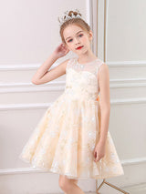 Champagne Color Jewel Neck Sleeveless Bows Kids Social Party Dresses-Dbrbridal