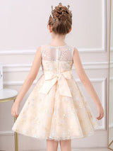Champagne Color Jewel Neck Sleeveless Bows Kids Social Party Dresses-Dbrbridal