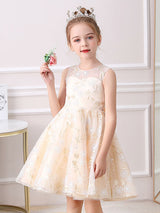 Champagne Color Jewel Neck Sleeveless Bows Kids Social Party Dresses-Dbrbridal