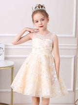 Champagne Color Jewel Neck Sleeveless Bows Kids Social Party Dresses-Dbrbridal