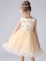 Champagne Color Jewel Neck Sleeveless Short Princess Lace Flowers Formal Kids Pageant flower girl dresses-Dbrbridal