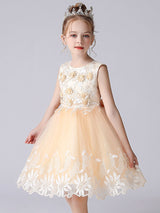 Champagne Color Jewel Neck Sleeveless Short Princess Lace Flowers Formal Kids Pageant flower girl dresses-Dbrbridal