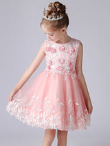 Champagne Color Jewel Neck Sleeveless Short Princess Lace Flowers Formal Kids Pageant flower girl dresses-Dbrbridal