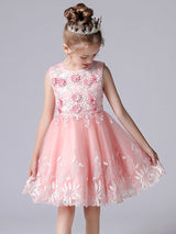 Champagne Color Jewel Neck Sleeveless Short Princess Lace Flowers Formal Kids Pageant flower girl dresses-Dbrbridal