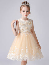 Champagne Color Jewel Neck Sleeveless Short Princess Lace Flowers Formal Kids Pageant flower girl dresses-Dbrbridal