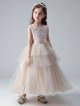Champagne Color Jewel Neck Tulle Sleeveless Ankle-Length Princess Dress Formal Kids Pageant flower girl dresses-Dbrbridal