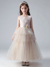 Champagne Color Jewel Neck Tulle Sleeveless Ankle-Length Princess Dress Formal Kids Pageant flower girl dresses-Dbrbridal