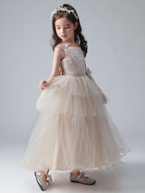 Champagne Color Jewel Neck Tulle Sleeveless Ankle-Length Princess Dress Formal Kids Pageant flower girl dresses-Dbrbridal