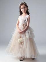 Champagne Color Jewel Neck Tulle Sleeveless Ankle-Length Princess Dress Formal Kids Pageant flower girl dresses-Dbrbridal