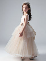 Champagne Color Jewel Neck Tulle Sleeveless Ankle-Length Princess Dress Formal Kids Pageant flower girl dresses-Dbrbridal