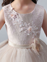Champagne Color Jewel Neck Tulle Sleeveless Ankle-Length Princess Dress Formal Kids Pageant flower girl dresses-Dbrbridal
