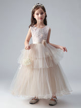 Champagne Color Jewel Neck Tulle Sleeveless Ankle-Length Princess Dress Formal Kids Pageant flower girl dresses-Dbrbridal