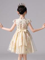 Champagne Designed Neckline Short Sleeves Bows Short Kids Party Dresses-Dbrbridal