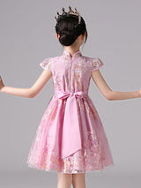 Champagne Designed Neckline Short Sleeves Bows Short Kids Party Dresses-Dbrbridal
