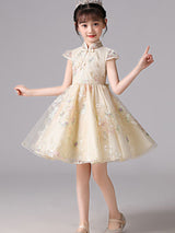 Champagne Designed Neckline Short Sleeves Bows Short Kids Party Dresses-Dbrbridal