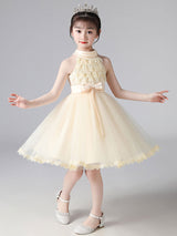 Champagne Designed Neckline Sleeveless Polyester Cotton Tulle Embroidered Formal Kids Pageant flower girl dresses-Dbrbridal
