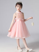 Champagne Designed Neckline Sleeveless Polyester Cotton Tulle Embroidered Formal Kids Pageant flower girl dresses-Dbrbridal