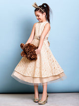 Champagne Golden Jewel Neck Sleeveless A-line Lace Kids Party Dresses-Dbrbridal
