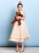 Champagne Golden Jewel Neck Sleeveless A-line Lace Kids Party Dresses-Dbrbridal