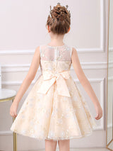 Champagne Jewel Neck Short Sleeves Embroidered Formal Kids Pageant flower girl dresses-Dbrbridal