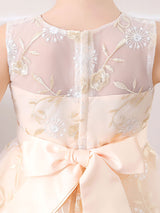 Champagne Jewel Neck Short Sleeves Embroidered Formal Kids Pageant flower girl dresses-Dbrbridal