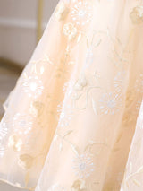 Champagne Jewel Neck Short Sleeves Embroidered Formal Kids Pageant flower girl dresses-Dbrbridal