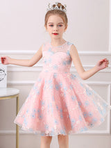 Champagne Jewel Neck Short Sleeves Embroidered Formal Kids Pageant flower girl dresses-Dbrbridal