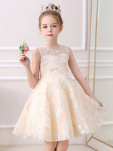 Champagne Jewel Neck Short Sleeves Embroidered Formal Kids Pageant flower girl dresses-Dbrbridal