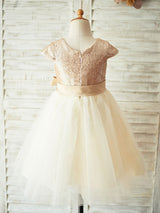 Champagne Jewel Neck Short Sleeves Sash Kids Party Dresses-Dbrbridal