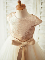 Champagne Jewel Neck Short Sleeves Sash Kids Party Dresses-Dbrbridal