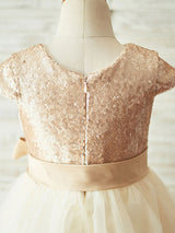 Champagne Jewel Neck Short Sleeves Sash Kids Party Dresses-Dbrbridal