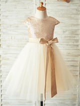 Champagne Jewel Neck Short Sleeves Sash Kids Party Dresses-Dbrbridal