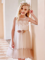 Champagne Jewel Neck Sleeveless Polyester Lace Tulle Flowers Kids Social Party Dresses-Dbrbridal