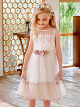 Champagne Jewel Neck Sleeveless Polyester Lace Tulle Flowers Kids Social Party Dresses-Dbrbridal